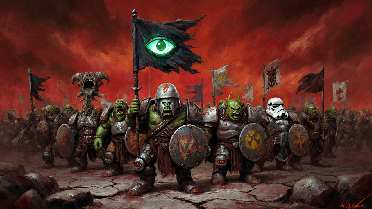 Армия орков с уникальными конверсиями: головы, щиты и знамена из разных вселенных.