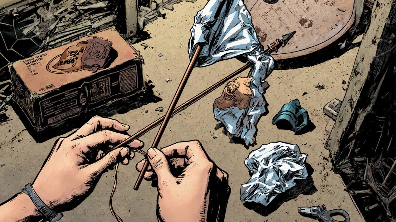 Руки склеивают знамя из фольги и проволоки рядом с деталями для конверсий.