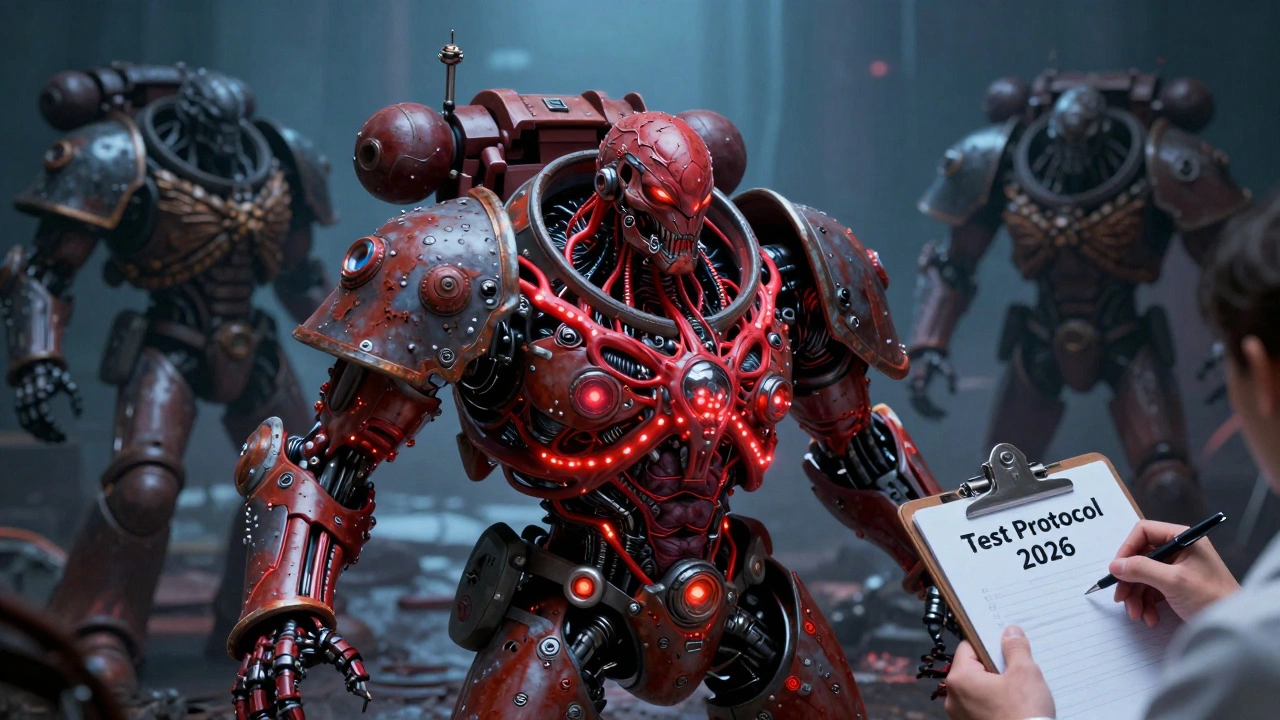 Армия как живой механизм, исследуемый учёным, с силуэтами трёх вражеских фракций на заднем плане.