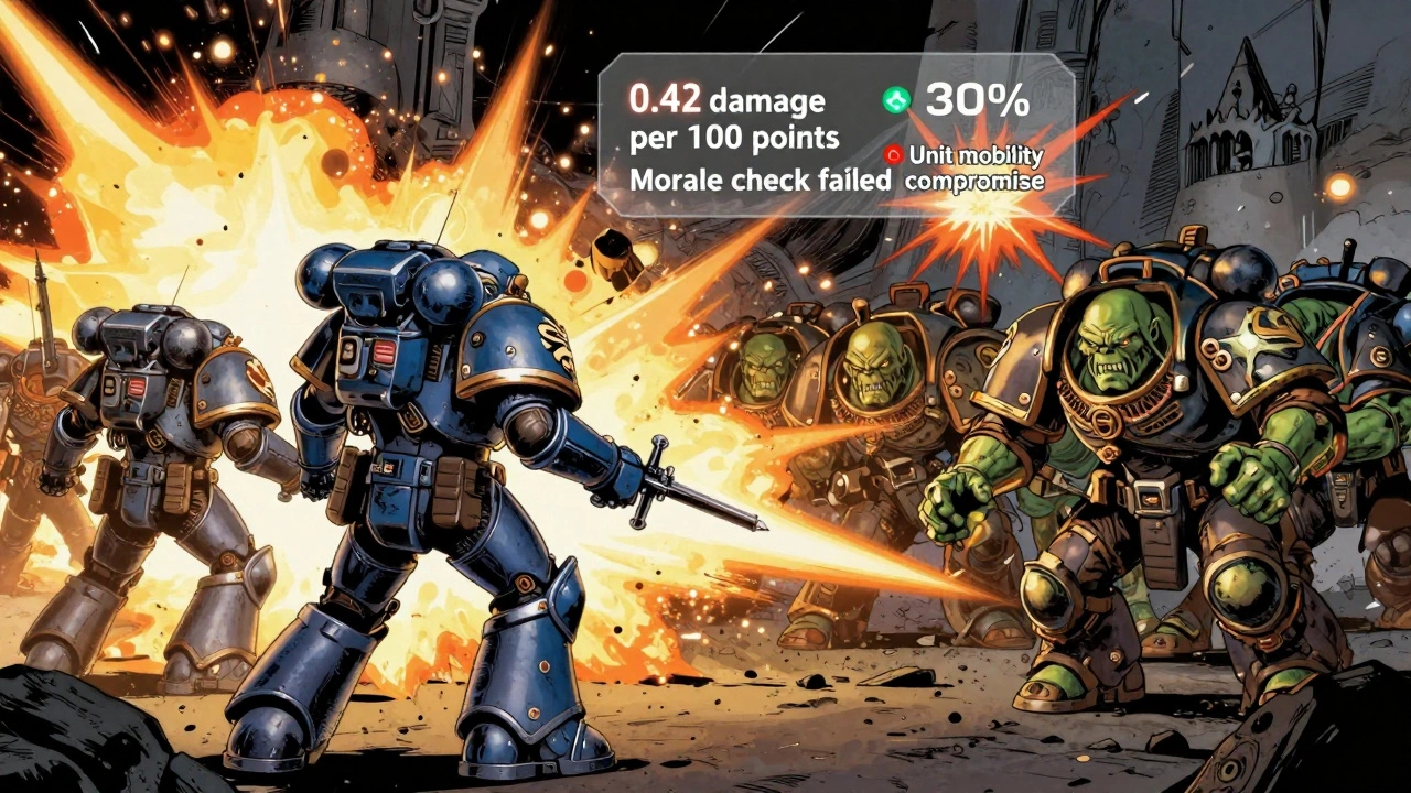 Битва между космодесантниками и орками с визуализацией метрик: урон, боевой дух, подвижность.