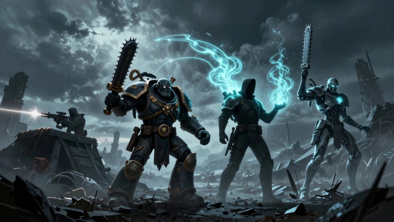 Четыре стиля игры в Warhammer 40K представлены как силуэты на поле боя: стрелок, боец, маг и восстанавливающийся юнит.