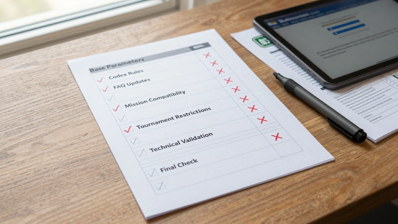 Детализированный чек-лист с семью разделами, Battlescribe с ошибкой и кодекс 2024 года на столе.