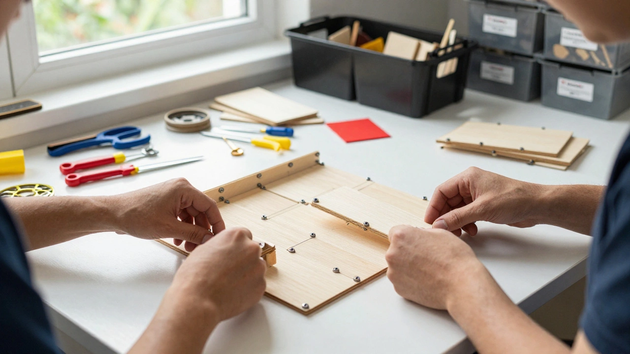 Два игрока собирают террейн из фанеры с магнитными замками в мастерской, всё вокруг аккуратно упорядочено.