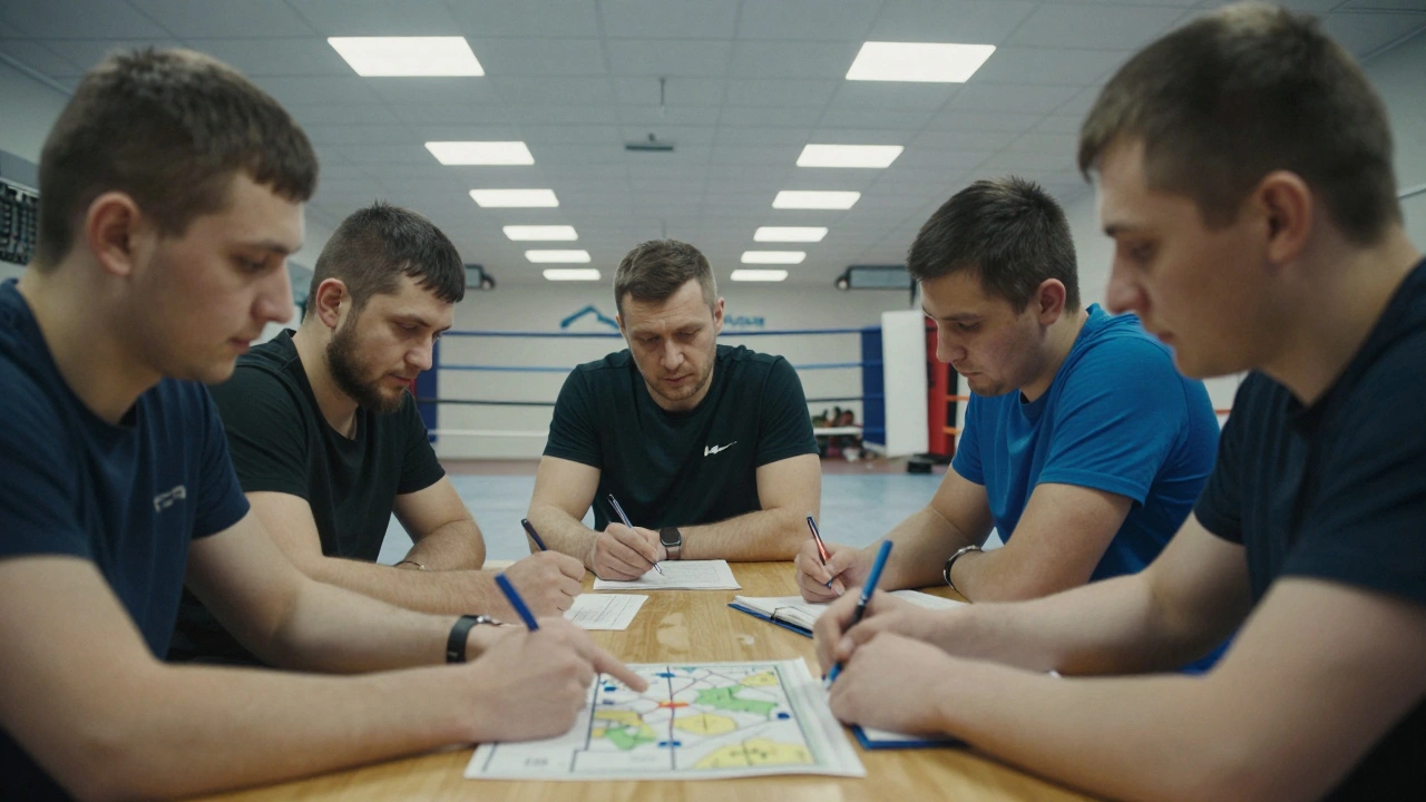 Группа игроков разбирает партию после спарринга в клубе, используя только бумагу и ручки.