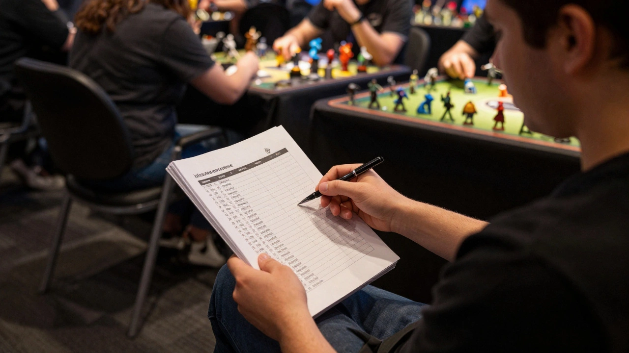 Игрок внимательно сверяет названия юнитов с бумажным кодексом в тихом углу зала турнира.