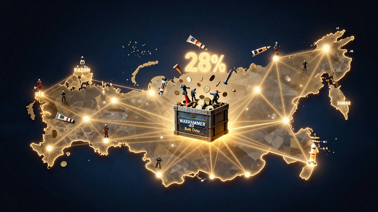 Карта России с сетью заказов Warhammer 40K, сходящихся в одном оптовом ящике