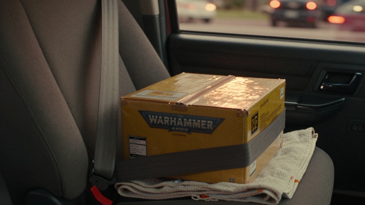 Коробка с миниатюрами закреплена ремнём безопасности на полу автомобиля, подложка из ткани видна снизу.