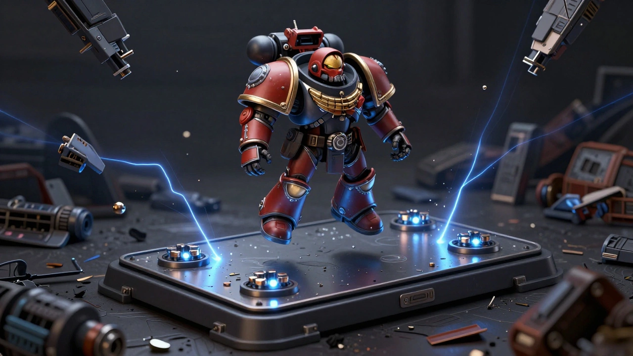 Магнитная система удерживает миниатюры в транспортном кейсе, магниты светятся, сломанные детали парят вокруг.