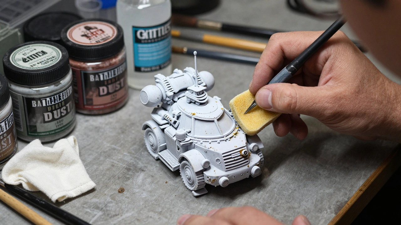 Миниатюрист наносит сухие пигменты на модель танка Warhammer 40K с помощью губки на рабочем столе.