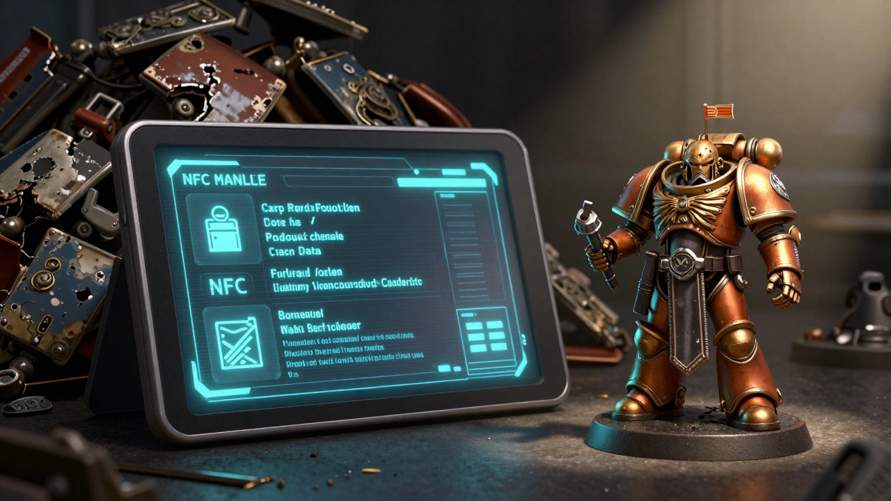 НФС-сканер показывает историю подлинной миниатюры Warhammer 40K, в фоне — разрушающиеся подделки, символизирующие их временную природу.