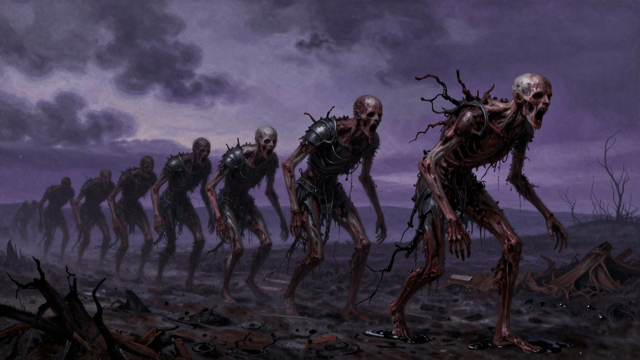 Поксвокеры медленно идут по разрушенной земле, их тела собраны из обрывков трупов и брони.