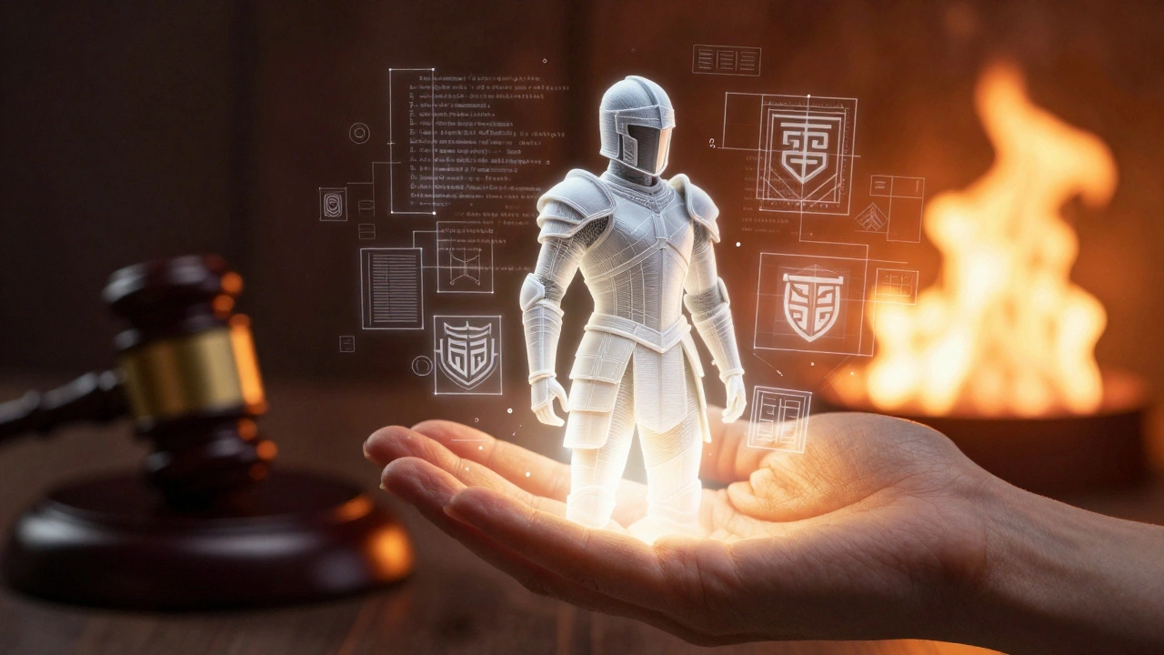 Рука держит миниатюру, превращающуюся в цифровой чертёж оригинального дизайна, символизирующий творчество вместо копирования.