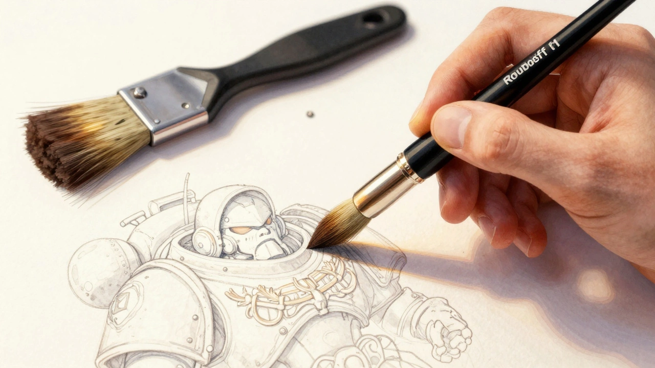 Рука с премиальной кистью рисует тонкую линию на доспехе миниатюры, на заднем плане сломанная дешёвая кисть.