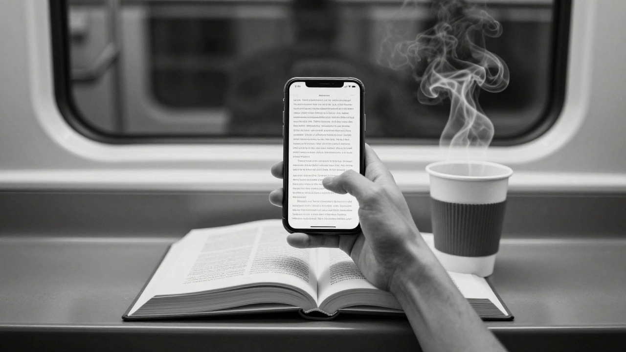 Руки держат телефон с рассказом, тень от экрана превращается в открытую книгу на сиденье метро.