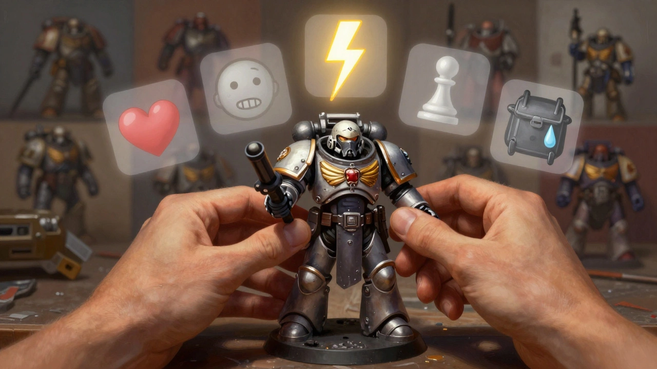 Руки собирают космодесанта под светом лампы, над каждой частью — эмоциональные символы: сердце, молния, шахматная фигура, слеза.