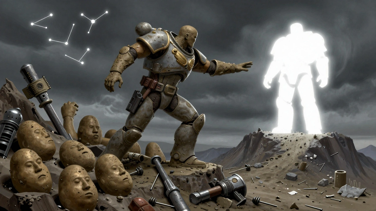 Символический образ скульптора, стоящего на горе неудачных попыток, смотрит на идеальную модель.