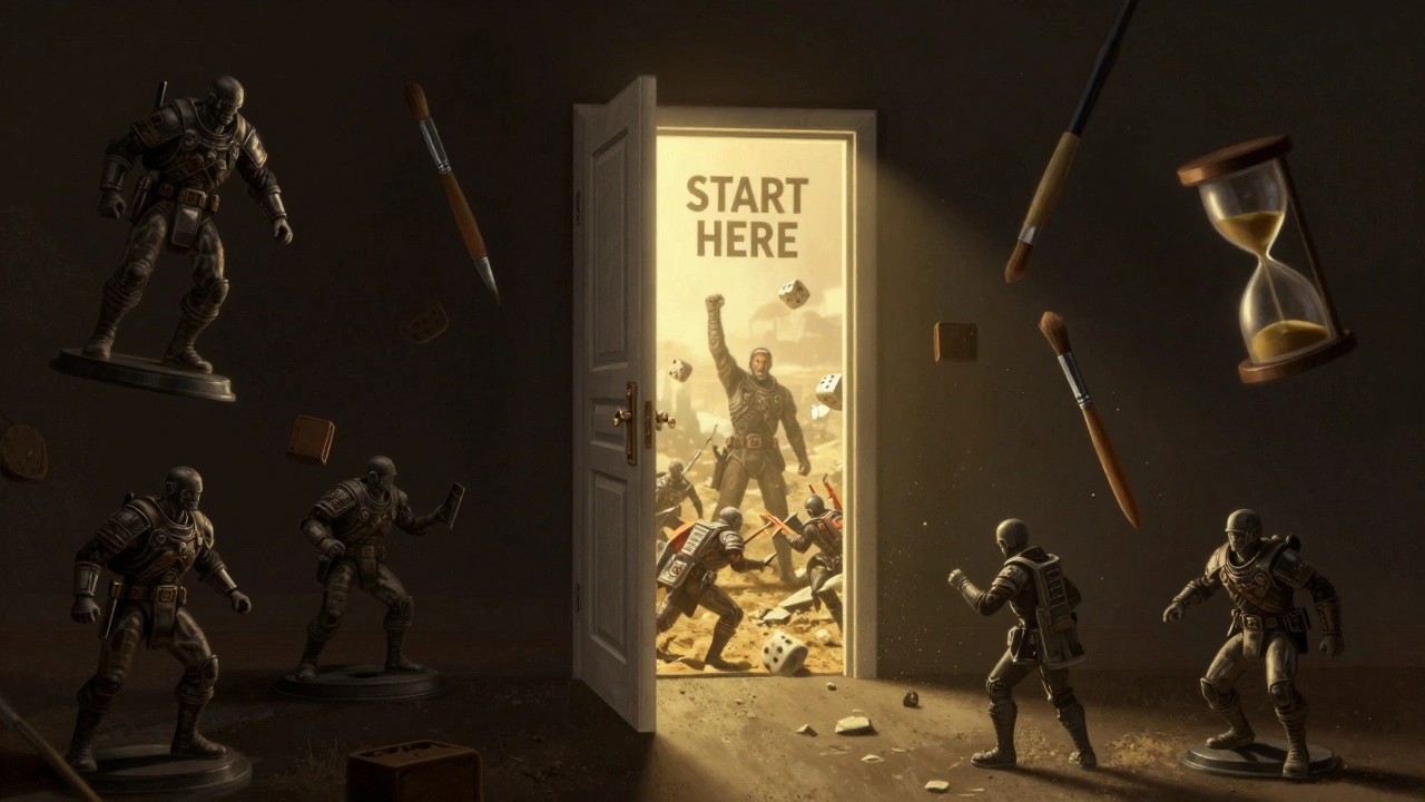 Светящаяся дверь 'START HERE' в темной комнате с незаконченными моделями, за дверью — битва.