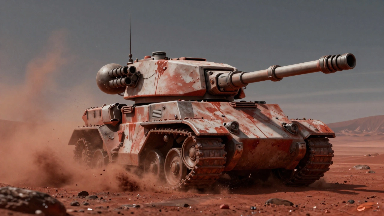 Танк Империума движется сквозь марсианскую пыльную бурю, нижняя часть покрыта грязью, верхняя — чистая.