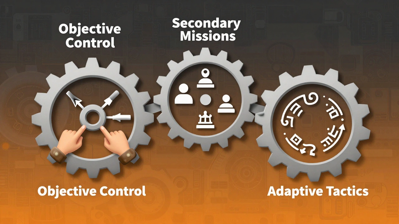 Три ключевых элемента мета-игры в Warhammer 40K: контроль целей, второстепенные миссии и гибкая тактика, изображённые как взаимосвязанные механизмы.
