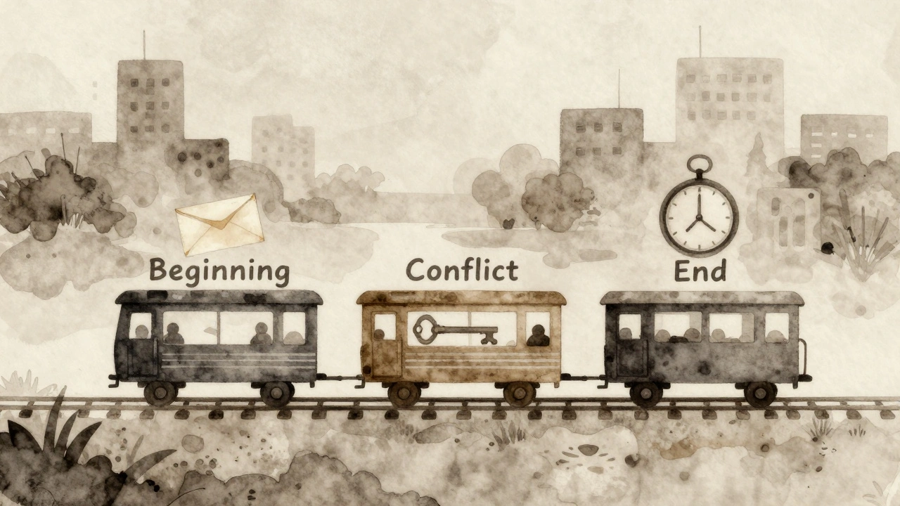 Визуализация рассказа в виде поезда с тремя вагонами, символизирующими начало, конфликт и конец истории.