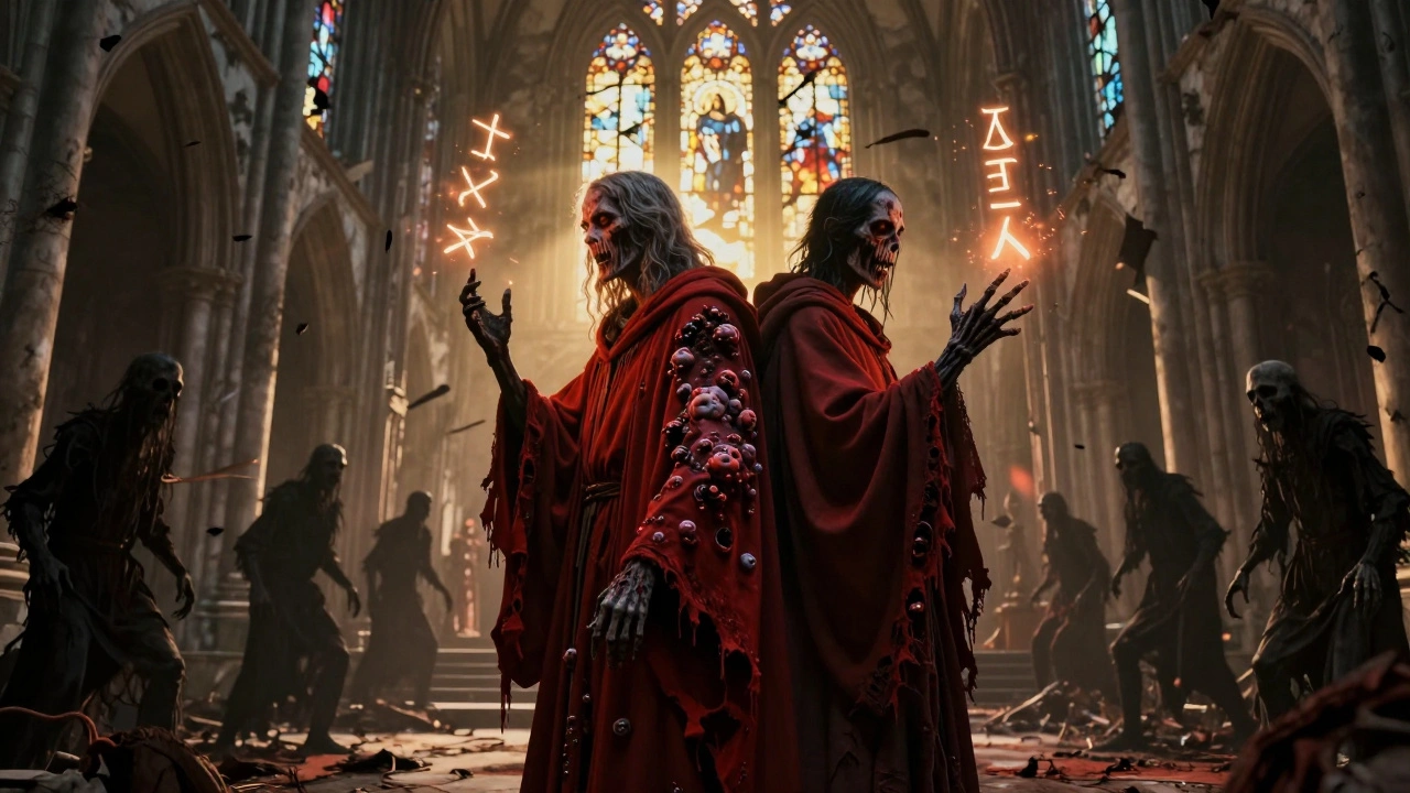 Вождь заражения и Счетчик стоят в руинах храма, вокруг них — светящиеся руны чумного заклинания.