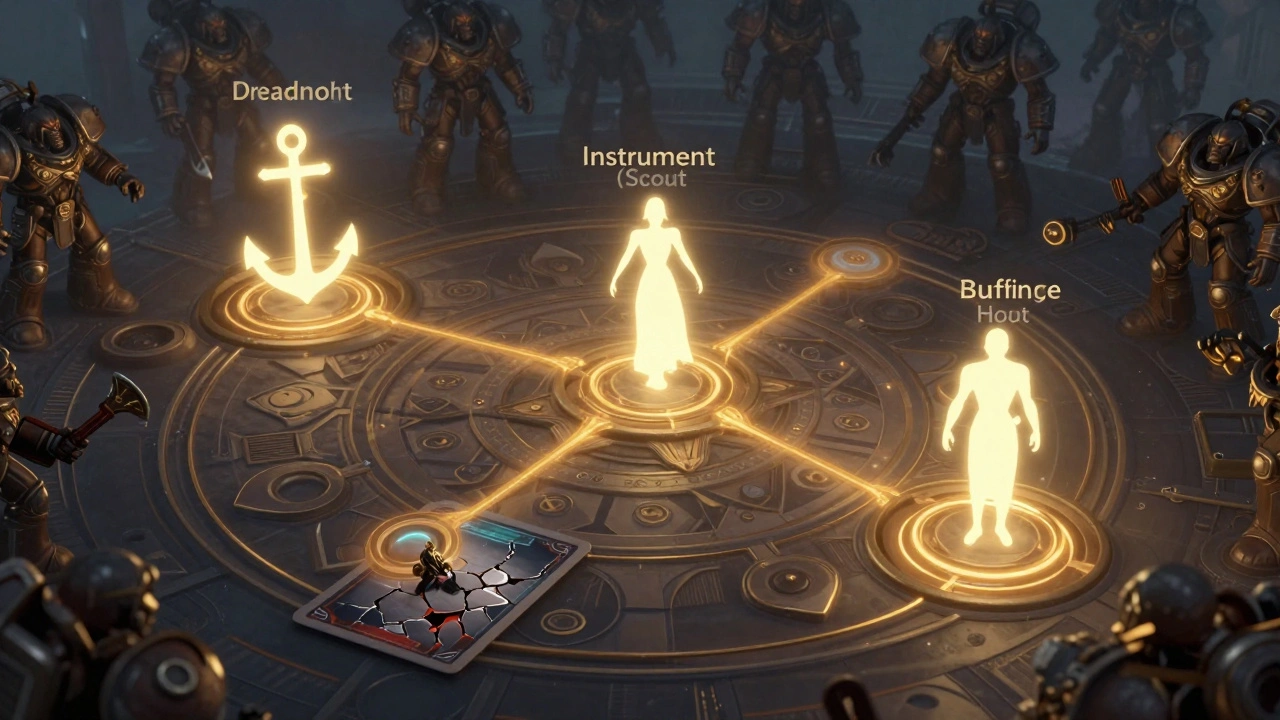 A glowing tactical network of three unit types connected by golden lines over a Warhammer 40K warzone.