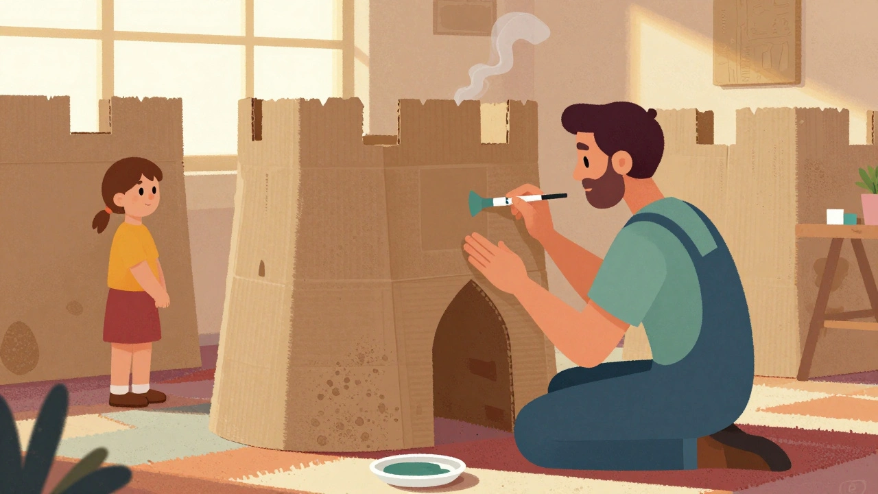 A hobbyist painting a cardboard fortress for Warhammer 40K, with a child watching safely nearby in a sunlit room.