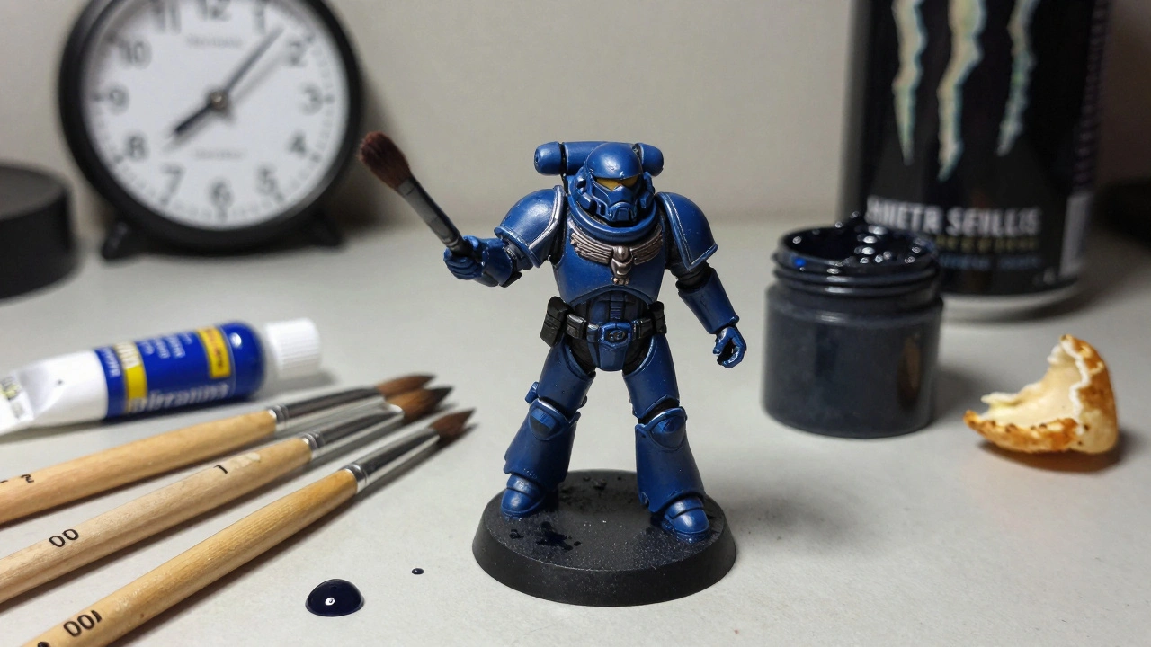 A single painted Space Marine miniature on a workbench with brushes, paint, and tools nearby.