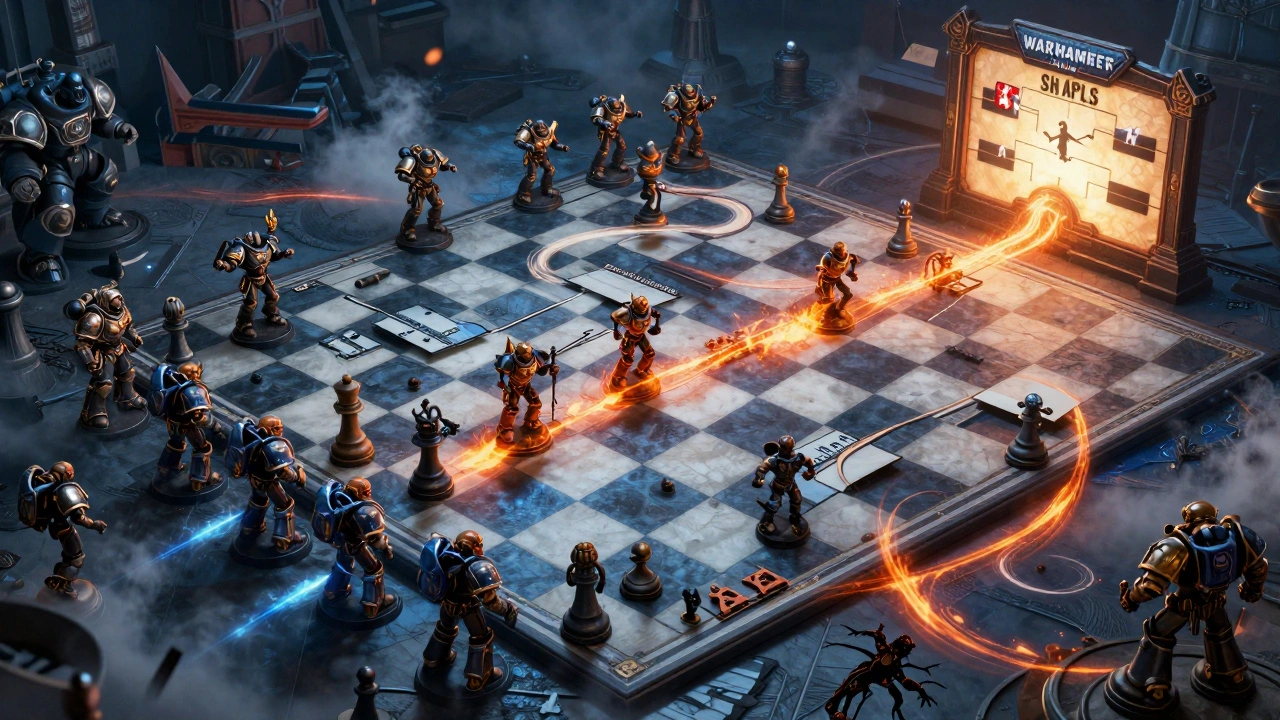 A symbolic chessboard turned into a Warhammer 40K battlefield, leading to a glowing final bracket stage.
