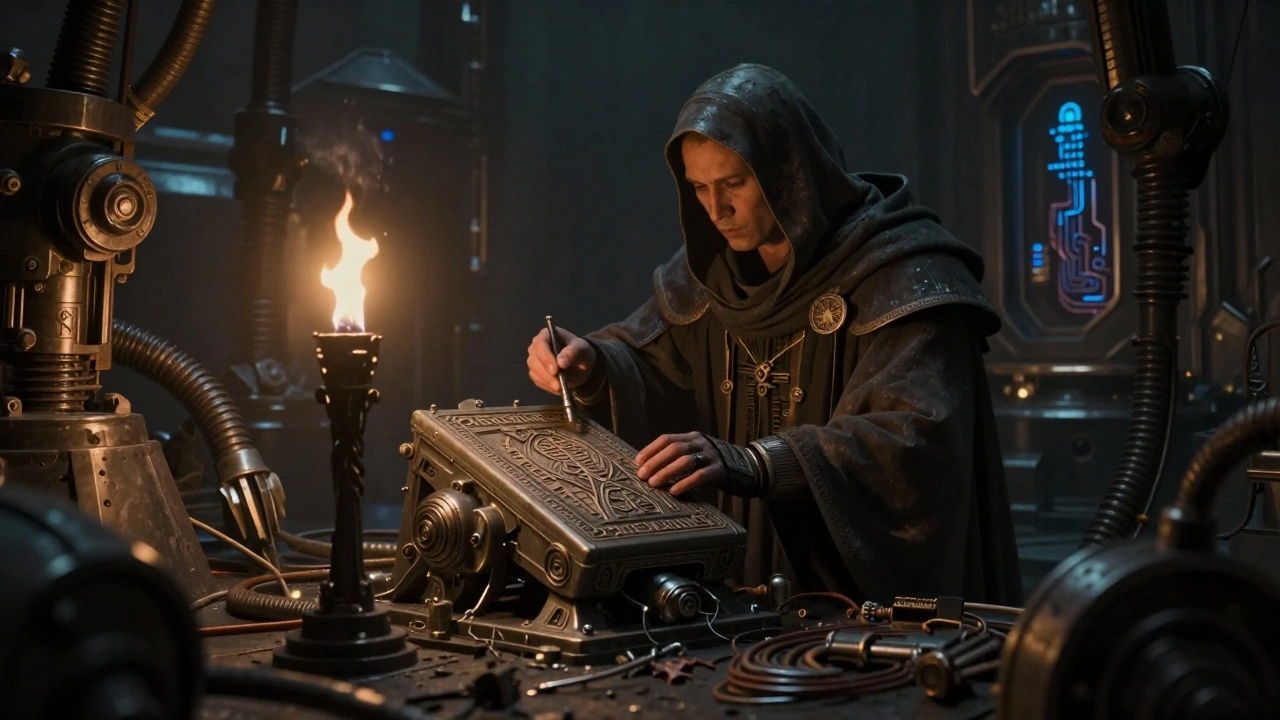 Адептус Механикус обрядово обслуживает фрагмент СШК в темной кузнице.