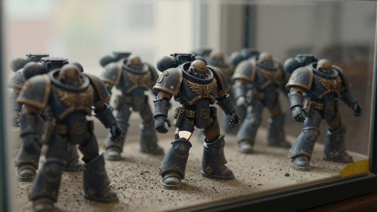Армия Warhammer 40K в пыльной витрине, краска трескается и желтеет, одна модель частично обнажена до пластика.