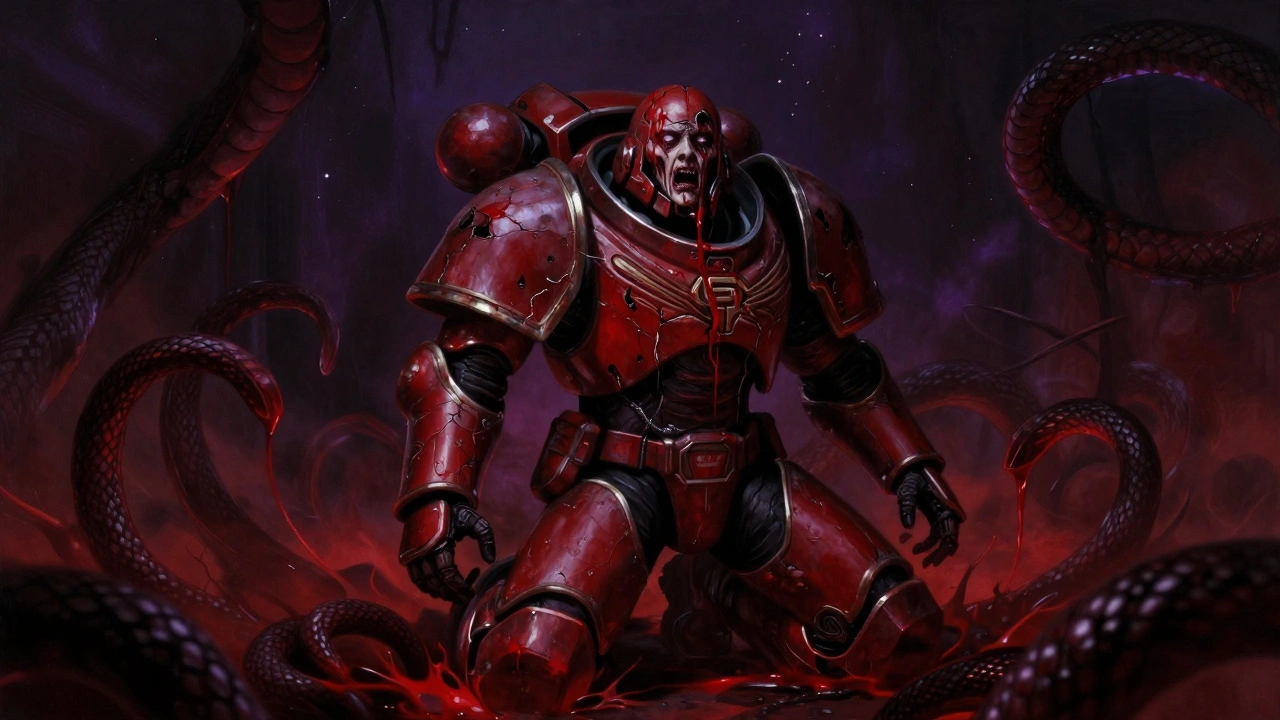 Астартес снимает шлем, его лицо выражает отчаяние, пока вокруг него закручиваются тени хаоса.