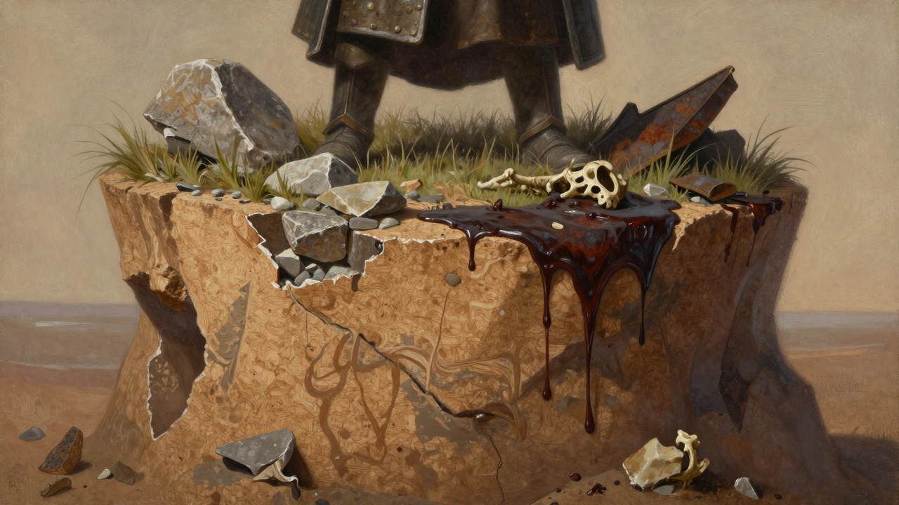 База командира с многослойной текстурой: пробка, камни, пигменты и обломки брони, создающие эффект древнего поля боя.