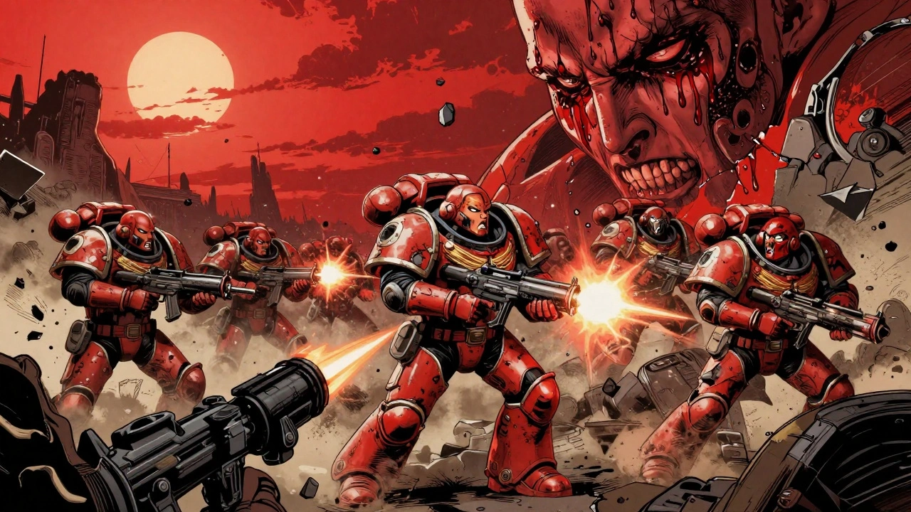 Битва в красном небе, солдаты разрываются на куски, кровь стекает по броне, как слезы убийцы.