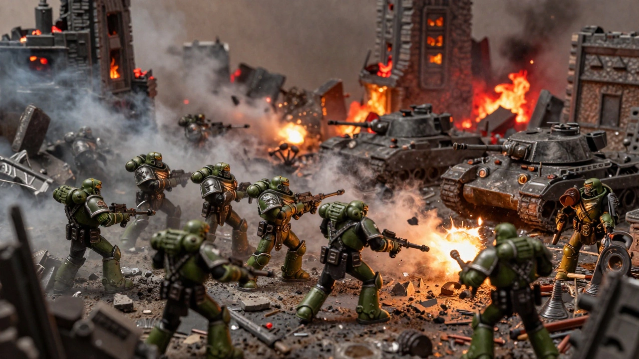 Битва за Вракс: Имперская гвардия против предателей в руинах города.