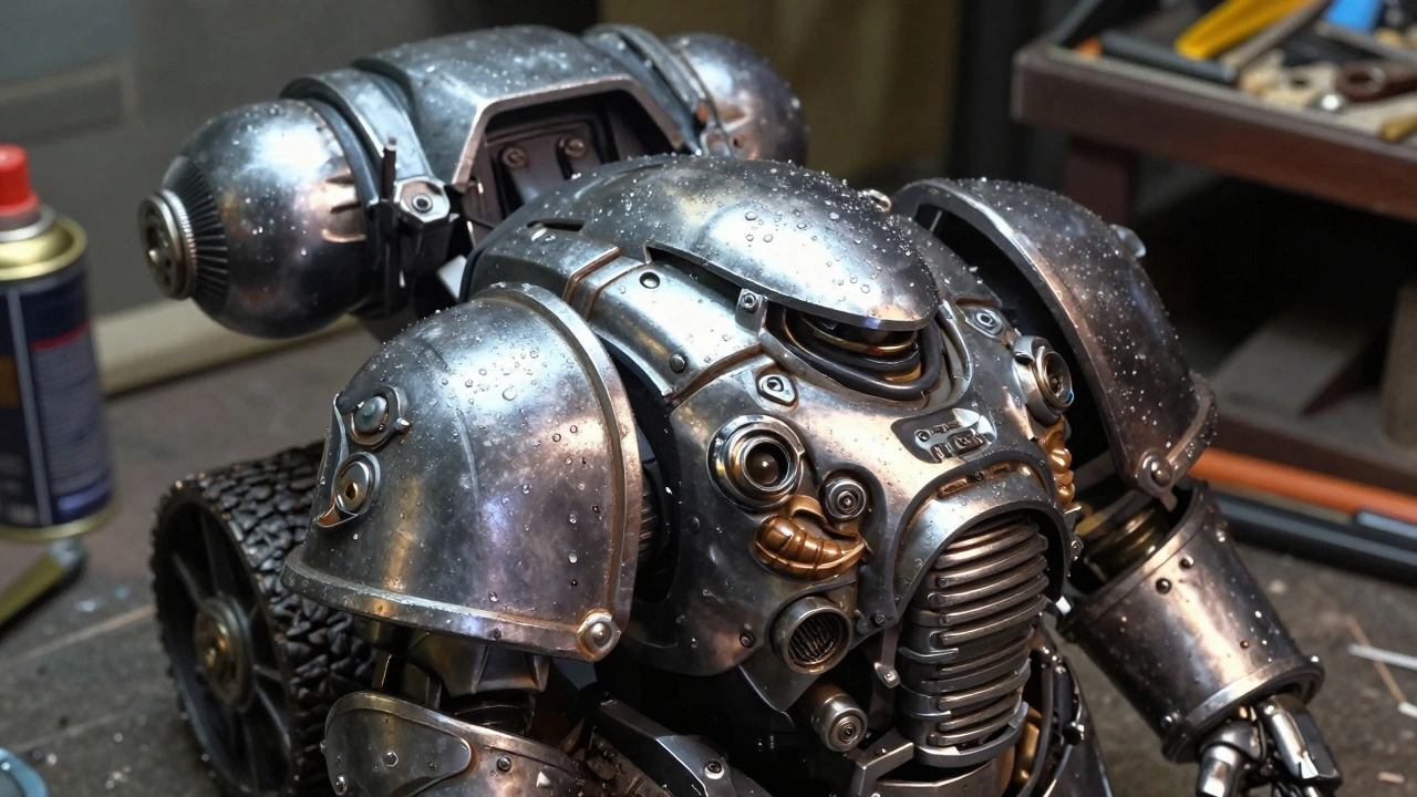 Блестящая металлическая миниатюра Warhammer 40K под лаком отражает свет, контрастируя с матовой тканью.