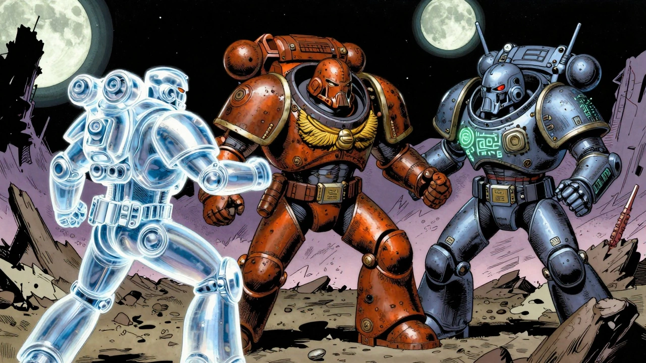 Боевой сценарий с тремя уникальными конверсиями: прозрачный Тау, Иммортан Джо в стиле космодесанта и Некрон с компьютером вместо руки.