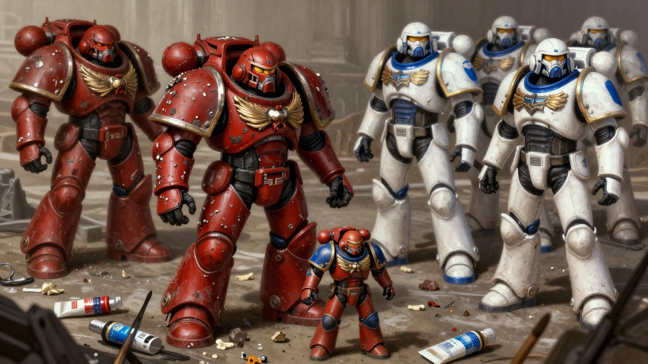 Бой между хаотиками и Тау, на переднем плане — начинающий покрасивший миниатюру солдатик среди кистей и банок с краской.