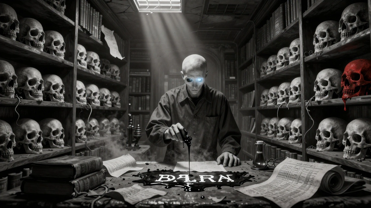 Бухгалтер стоит перед полками из черепов, один из которых издает чернила, формирующие тайное послание.