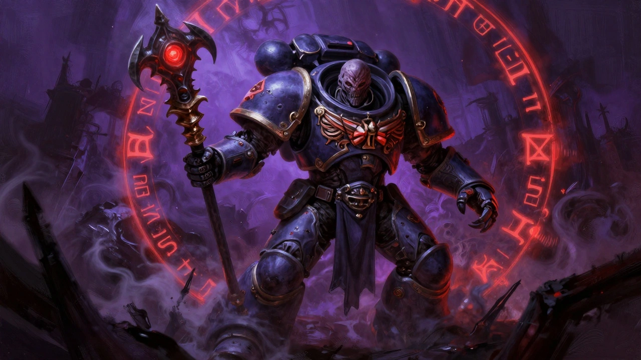 Человек-хаос с мутациями и демоническим оружием в битве.