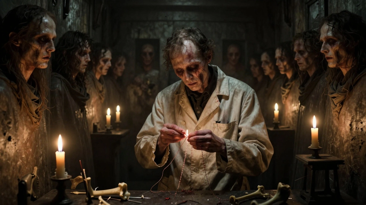 Человек шьет себе новую кожу в темной камере, стены покрыты меняющимися портретами.