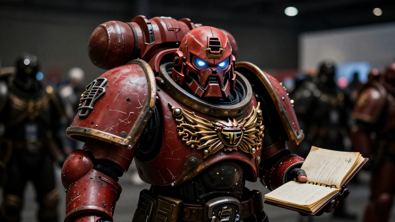 Человек в маске лидера Хаоса на выставке, с прозрачными линзами и ручной текстурой царапин.