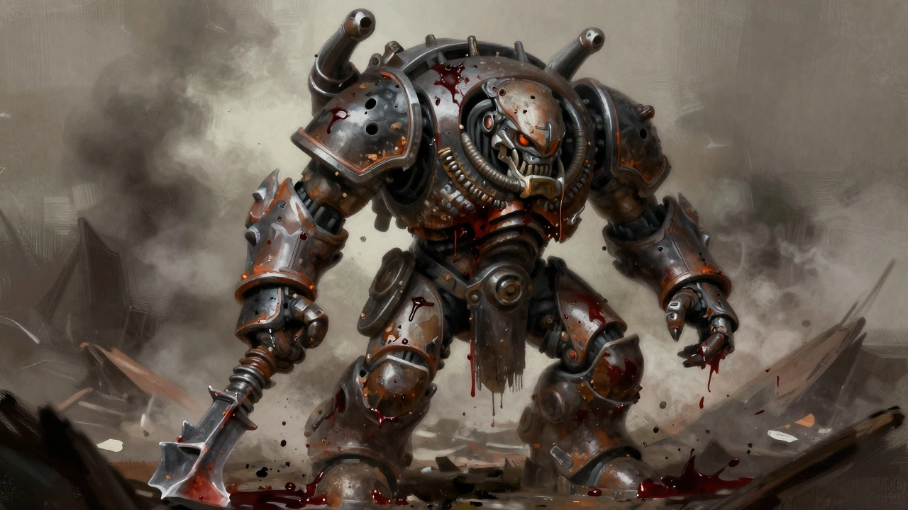 Chaotic Ork model covered in oily grime, splattered blood, and exposed metal, standing in a ruined battlefield.