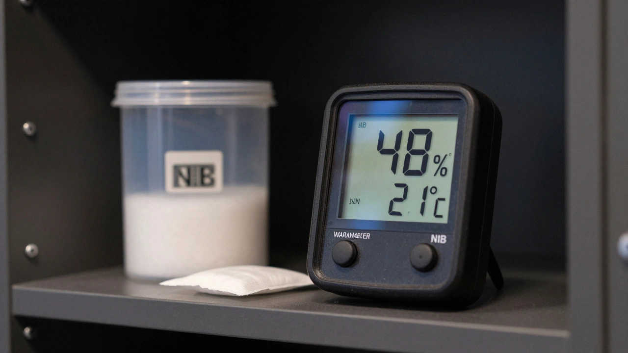 Цифровой гигрометр показывает идеальную влажность рядом с герметичным контейнером NIB-набора.