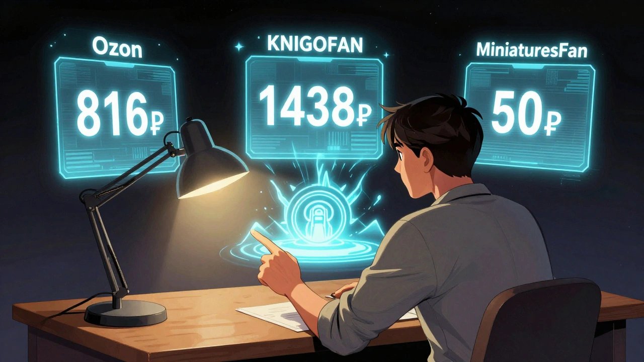 Читатель сравнивает цены на три сайта: Ozon, KNIGOFAN и MiniaturesFan, выбирая самую выгодную.