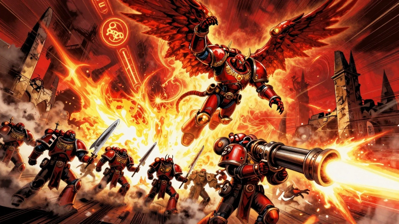 Демон-принц в полете с хаотическими маринами, рубриками и искателями на поле боя в стиле комикса.