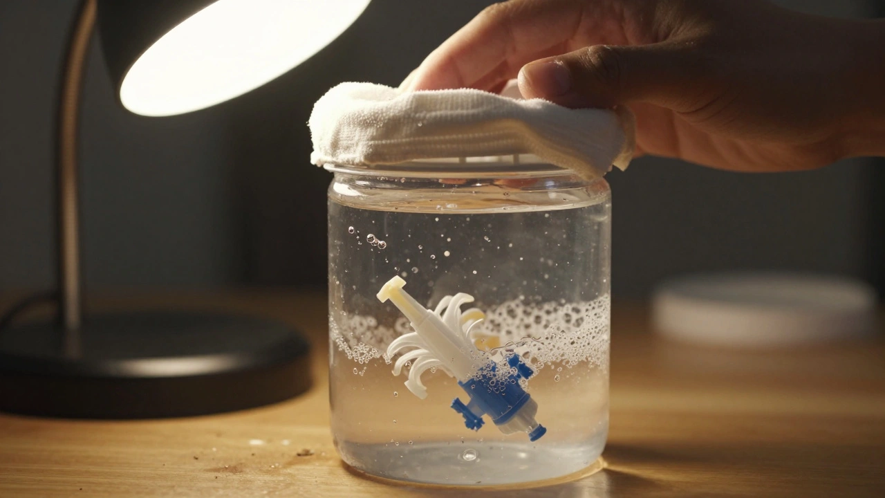 Деталь модели погружена в мыльную воду для очистки перед сборкой