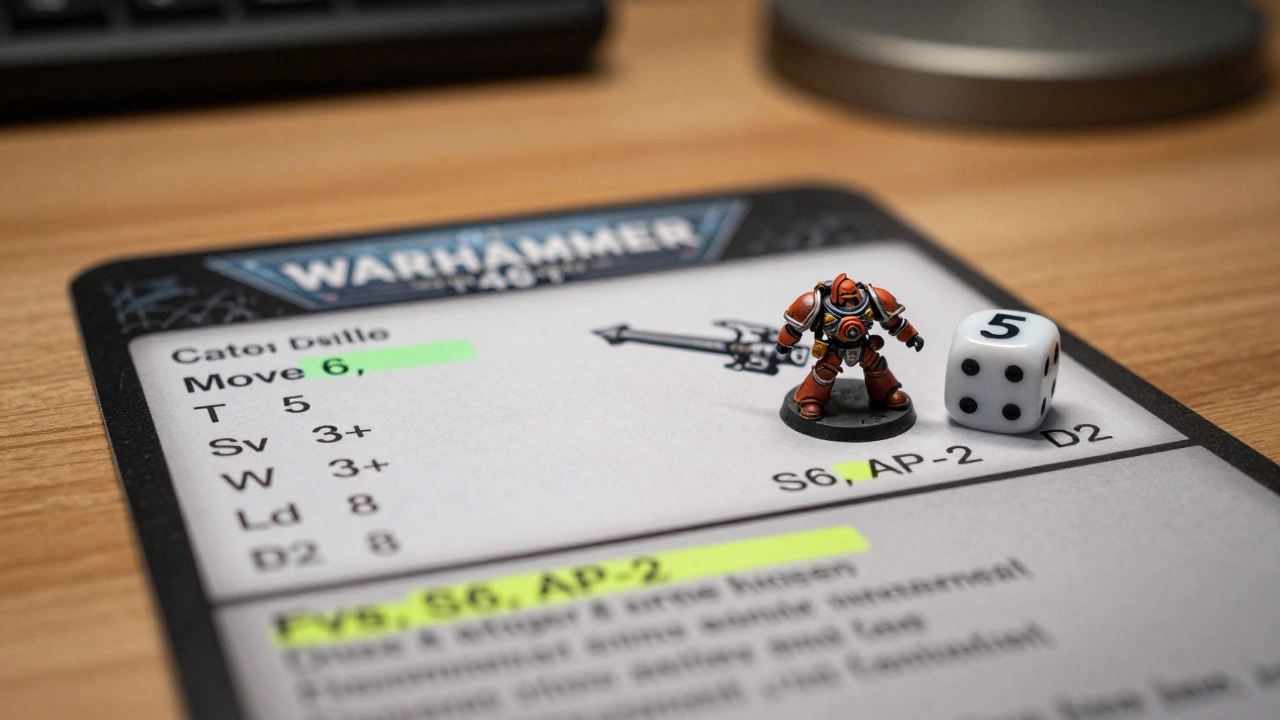 Детализированный датащит модели Warhammer 40K с характеристиками движения, выносливости и оружия.