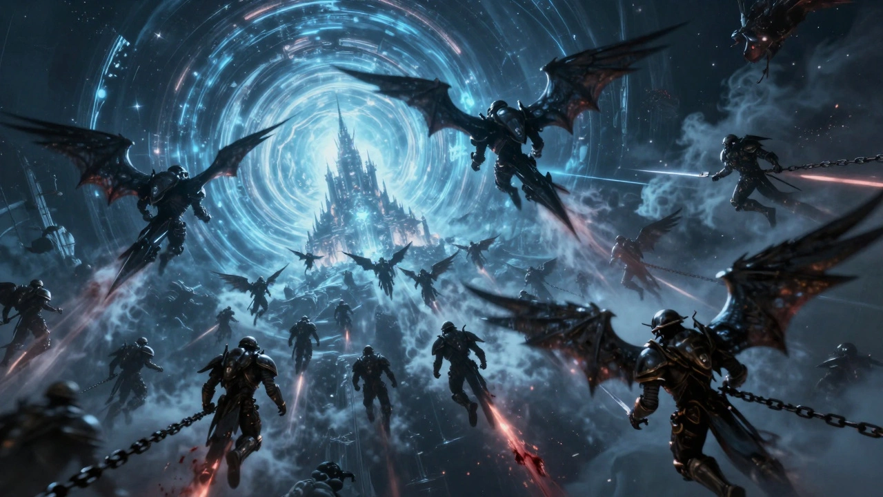 Друхари спускаются с небес на цепях, атакуя город, пока их корабли вырываются из паутинного портала.