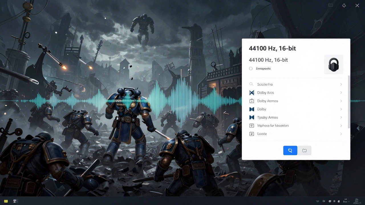 Два экрана: слева — битва в Warhammer 40k, справа — настройки звука Windows с частотой 44100 Гц и Dolby Atmos.
